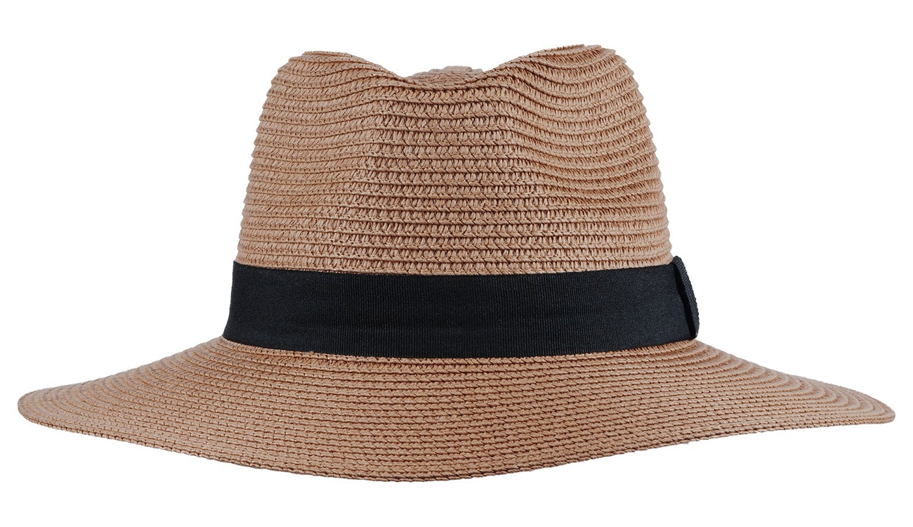 Stylish tan sun hat with a wide brim and black band, perfect for infants and toddlers. Ideal for outdoor adventures.