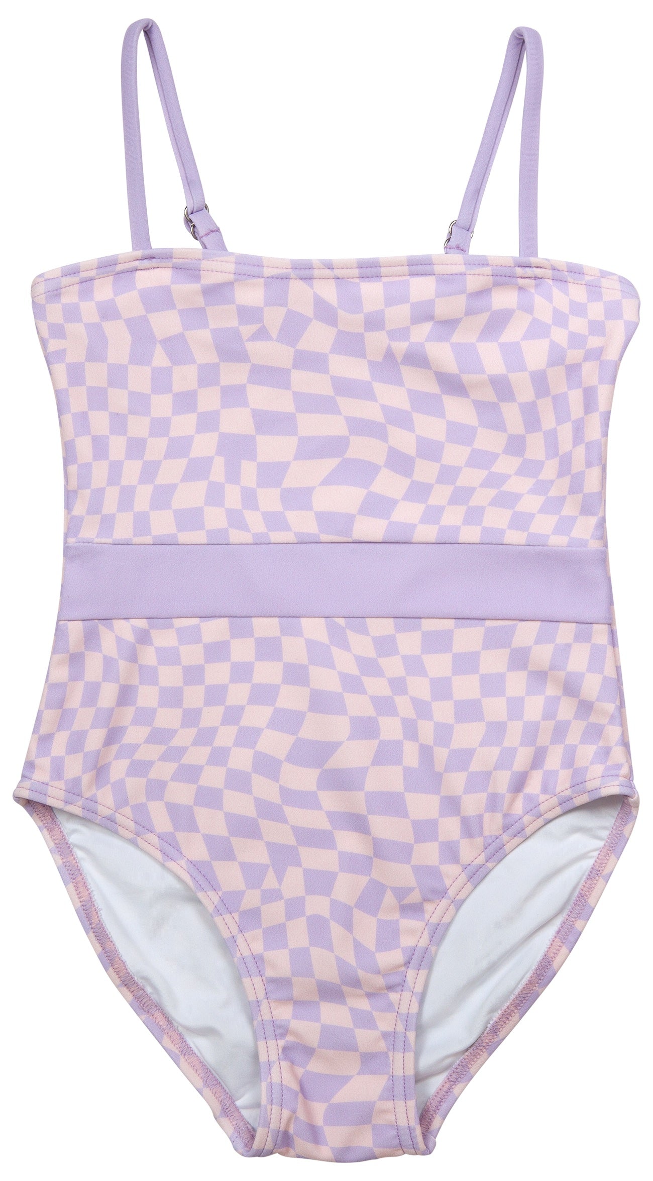 Lavender checkered pattern one-piece swimsuit with adjustable straps and a comfortable fit for kids.