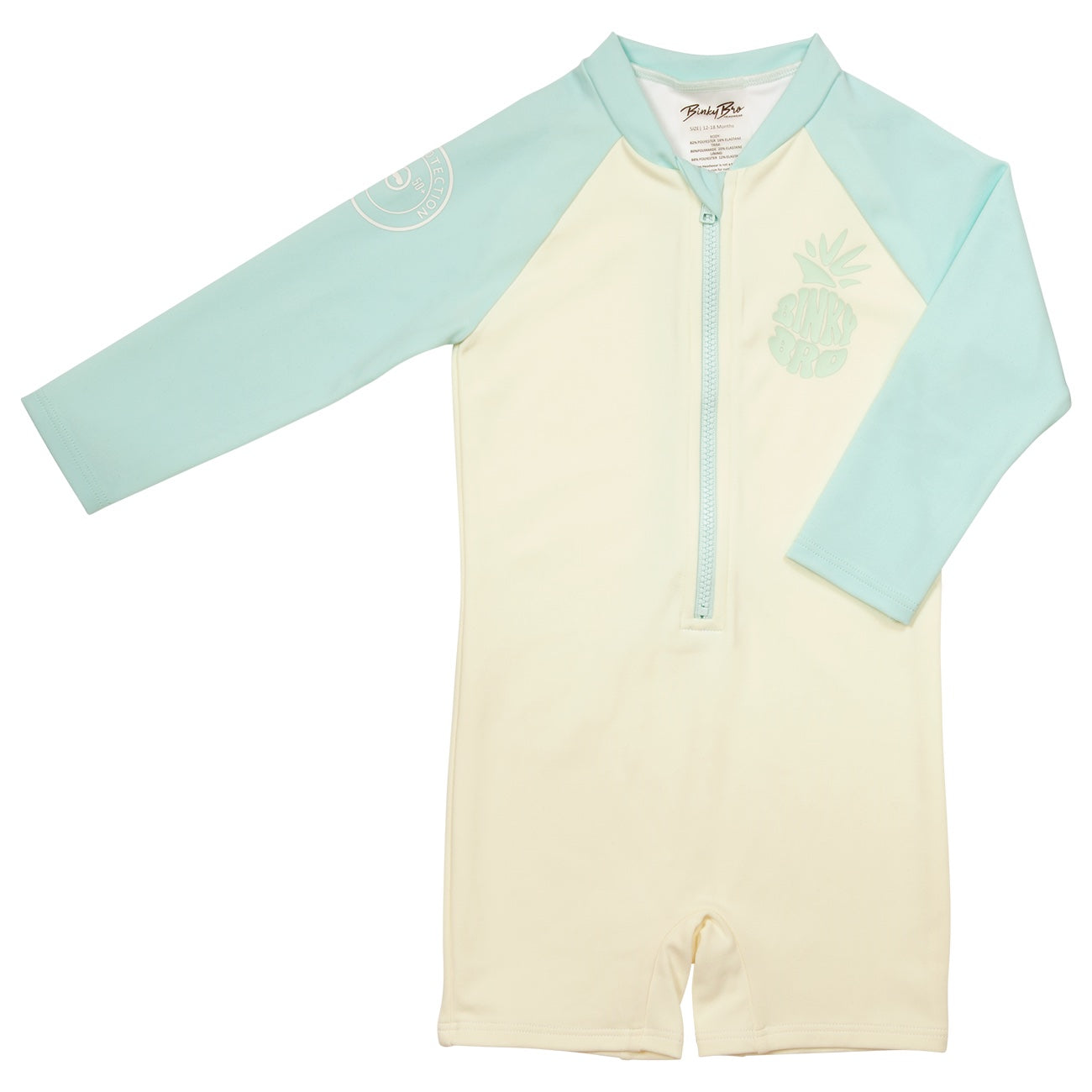 Mojave Blue long pool rash guard featuring a zip front, light cream body, and mint green sleeves for kids.