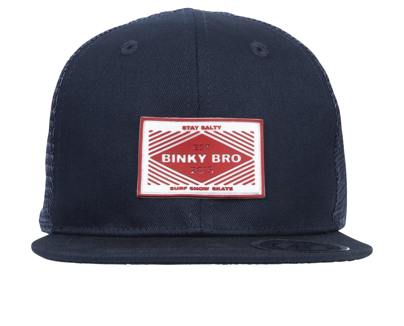 Navy snapback hat with a red and white Binky Bro logo patch, designed for kids with a surf-snow-skate style.