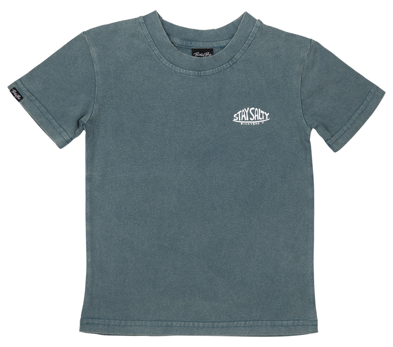 Stylish Julian T-Shirt in faded teal with "Stay Salty" logo, perfect for kids' casual wear. Ideal for surf-snow-skate lifestyle.