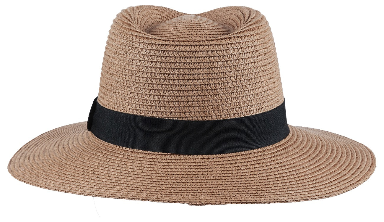Stylish tan sun hat with a wide brim and a black band, perfect for infants and toddlers enjoying outdoor adventures.