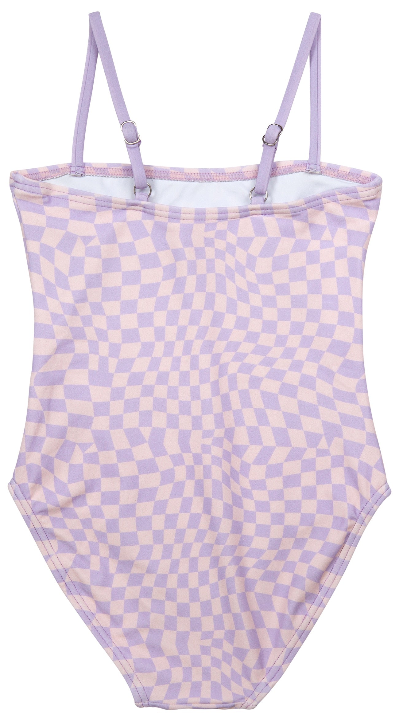 Stylish lavender one-piece swimsuit featuring a playful checkerboard pattern, perfect for summer fun.