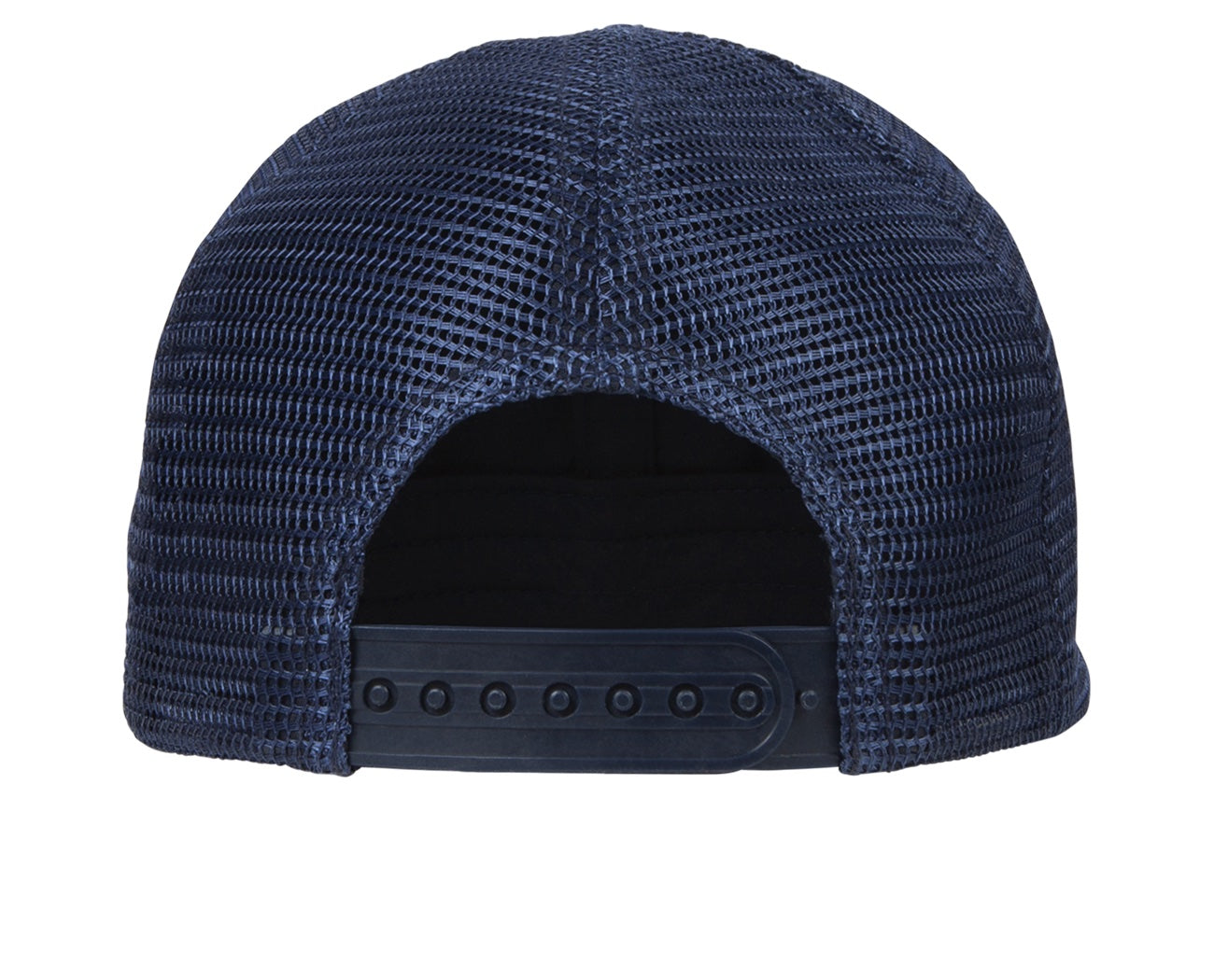 Back view of a navy mesh snapback hat featuring an adjustable strap, perfect for stylish outdoor wear.