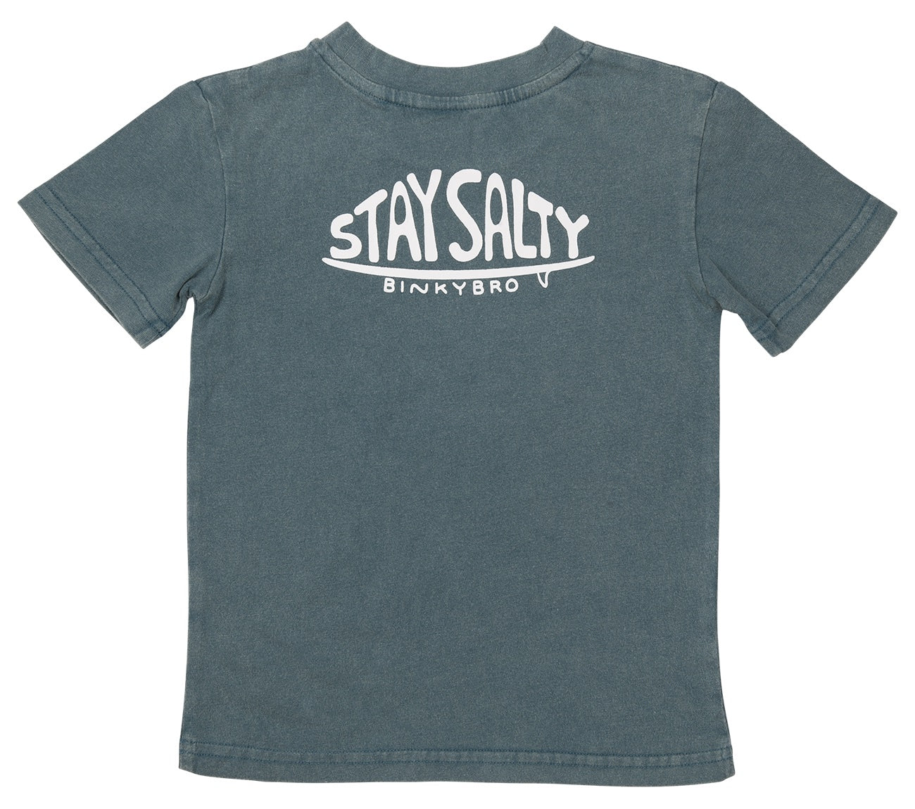 Back view of the Julian T-Shirt in teal, featuring "STAY SALTY" and BinkyBro logo, perfect for kids' surf-snow-skate style.