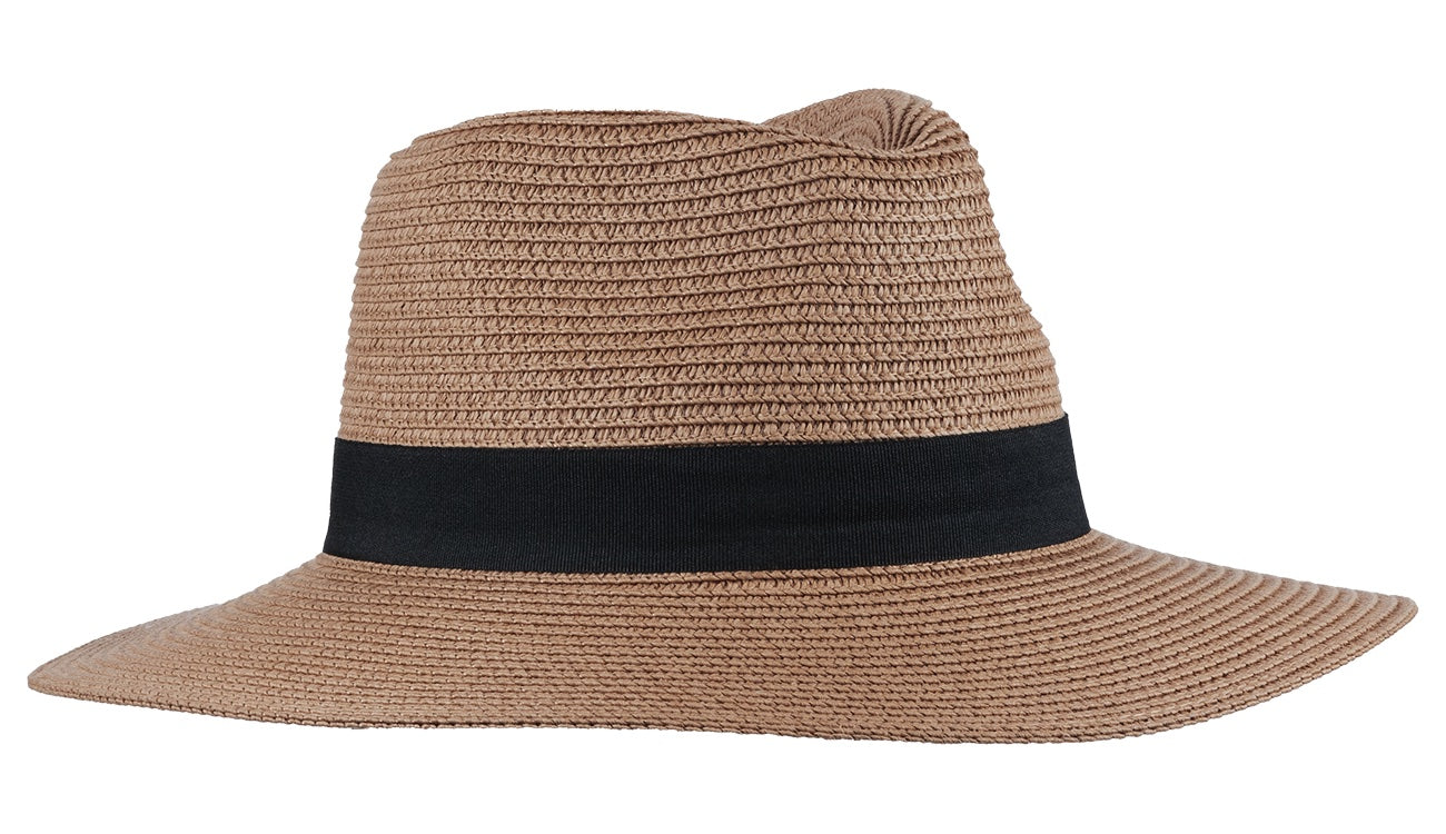 Stylish tan sun hat with a wide brim and black band, perfect for infants and toddlers. Ideal for outdoor adventures.