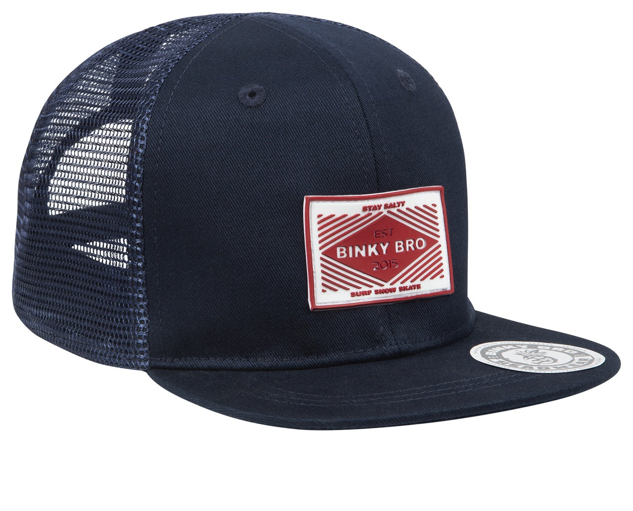 Navy blue snapback hat with a mesh back, featuring a red and white Binky Bro logo patch on the front.