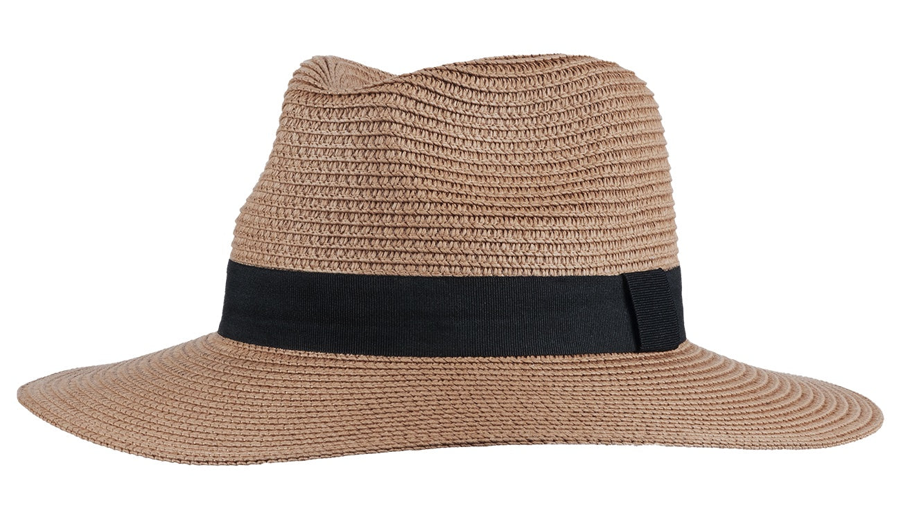 Stylish tan sun hat with a wide brim and a black band, perfect for infants and toddlers enjoying outdoor adventures.