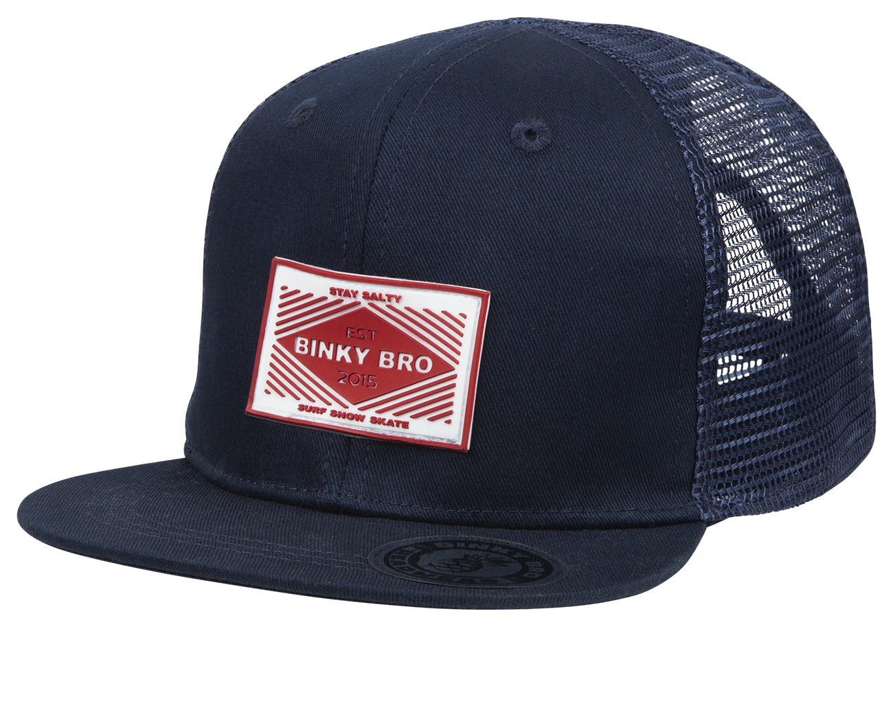 Navy blue snapback hat with a red and white Binky Bro logo patch, featuring a mesh back for breathability.