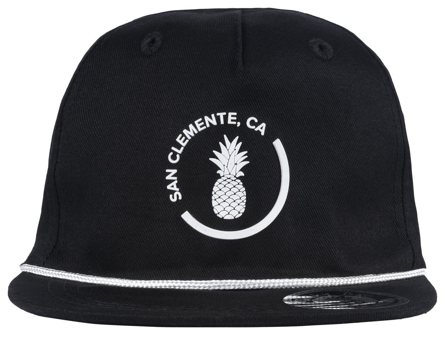 Black snapback hat featuring a white pineapple graphic and "San Clemente, CA" text, designed for a stylish, active lifestyle.