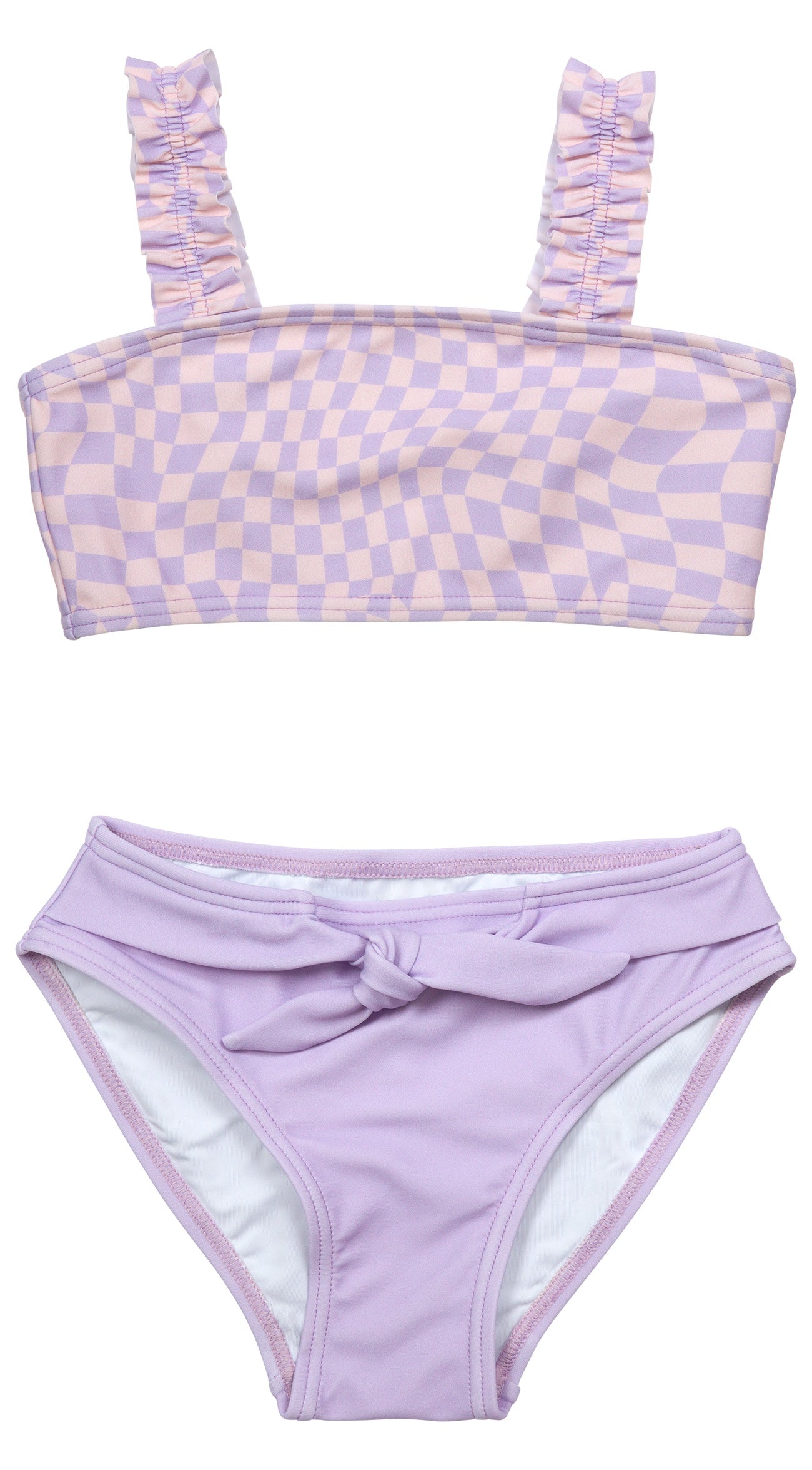 Two-piece swimsuit featuring a checkered pattern top with ruffled straps and a solid lavender bottom with a bow detail.