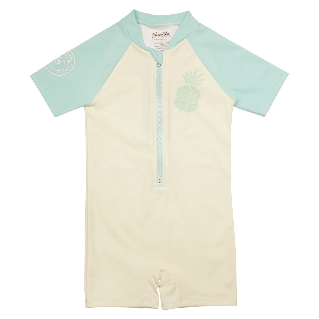 Mojave blue short pool rash guard featuring a light cream body and mint green sleeves with a pineapple graphic.