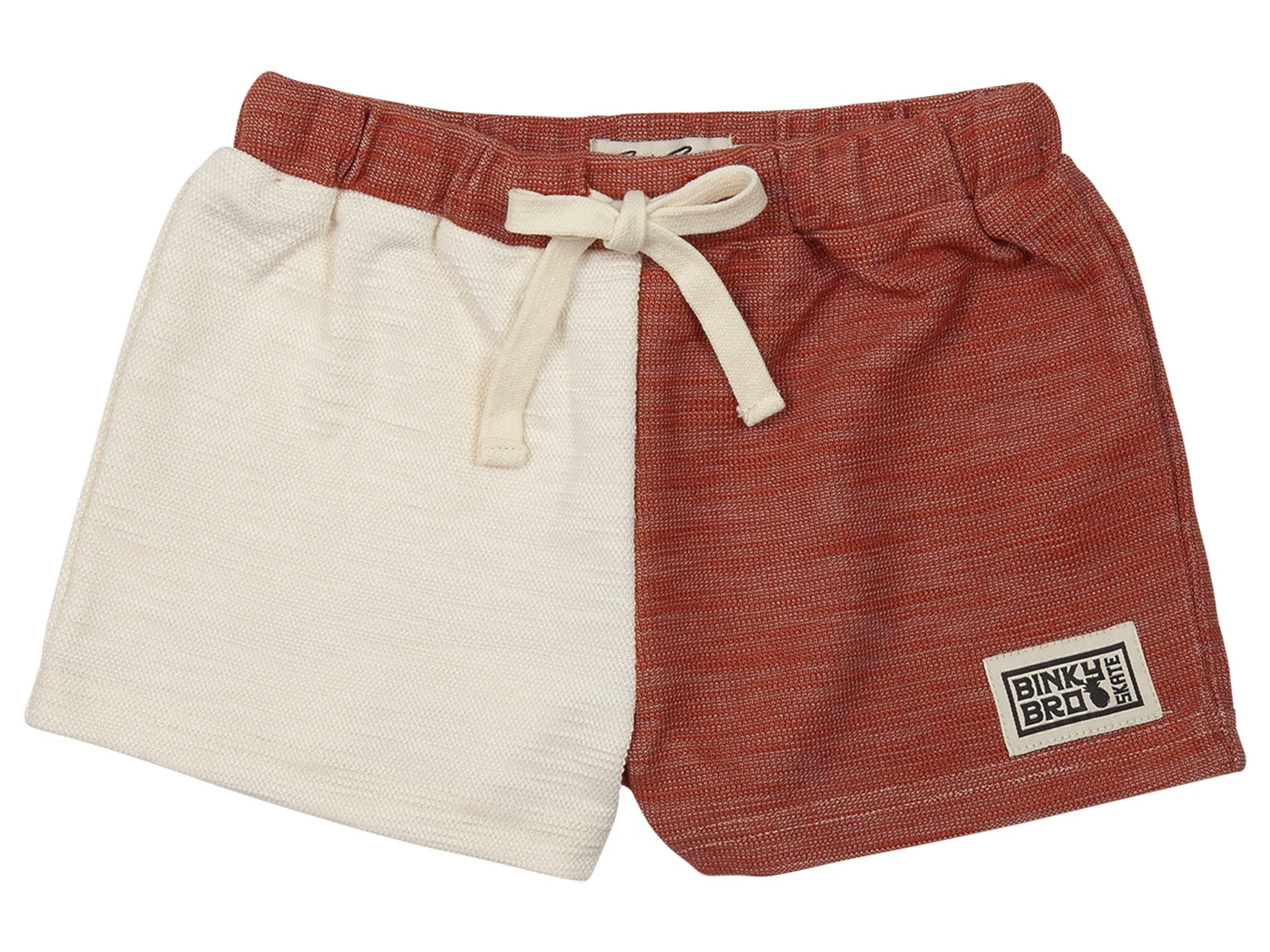 Stylish two-tone shorts in burnt orange and cream, featuring a drawstring waist and BinkyBro logo patch. Perfect for kids.