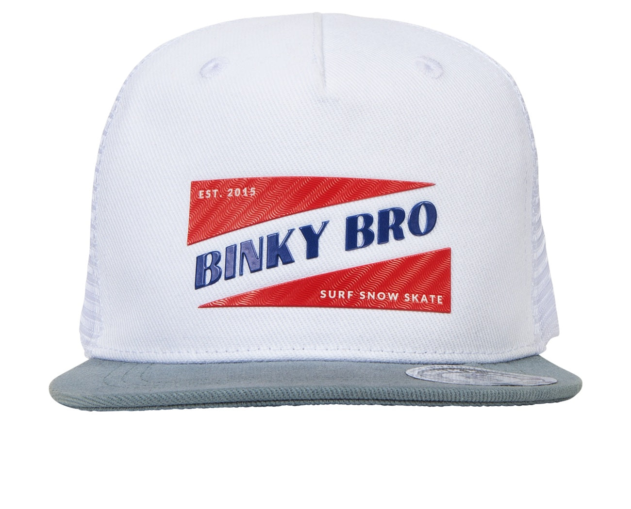 Stylish white snapback hat with a red and blue Binky Bro logo, designed for infants and toddlers with a surf-snow-skate theme.