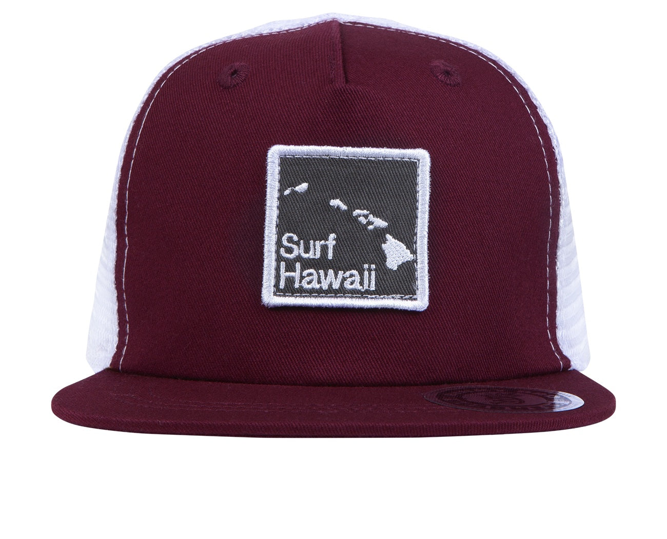 Stylish maroon snapback hat featuring a white mesh back and a "Surf Hawaii" patch, perfect for kids' outdoor adventures.