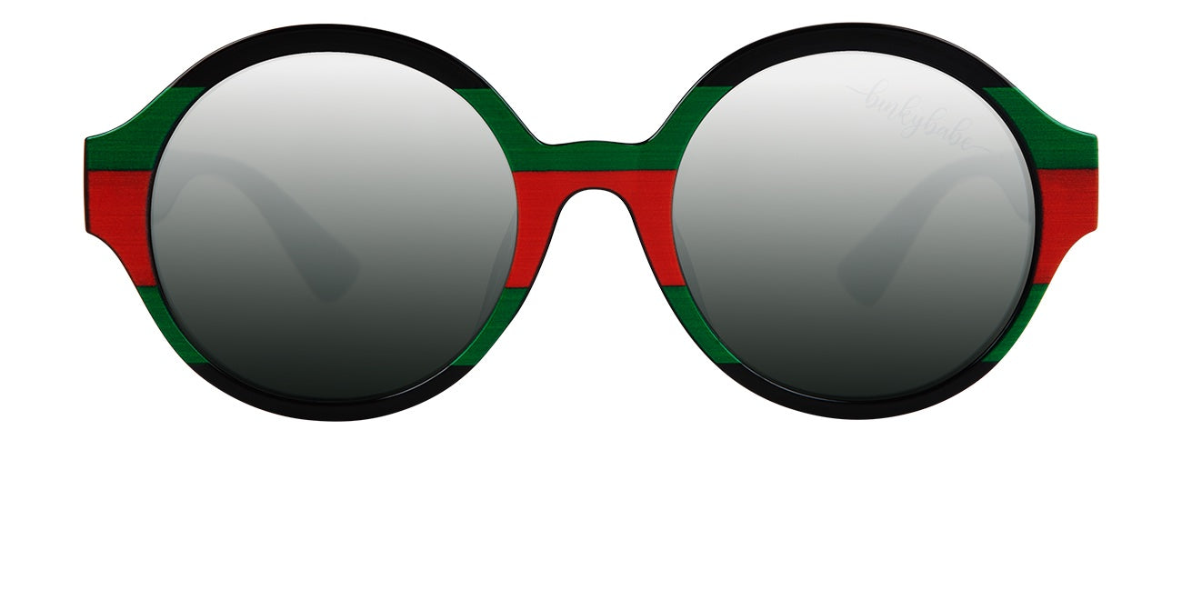 Stylish round sunglasses with a bold black frame and green and red striped accents, featuring mirrored lenses.