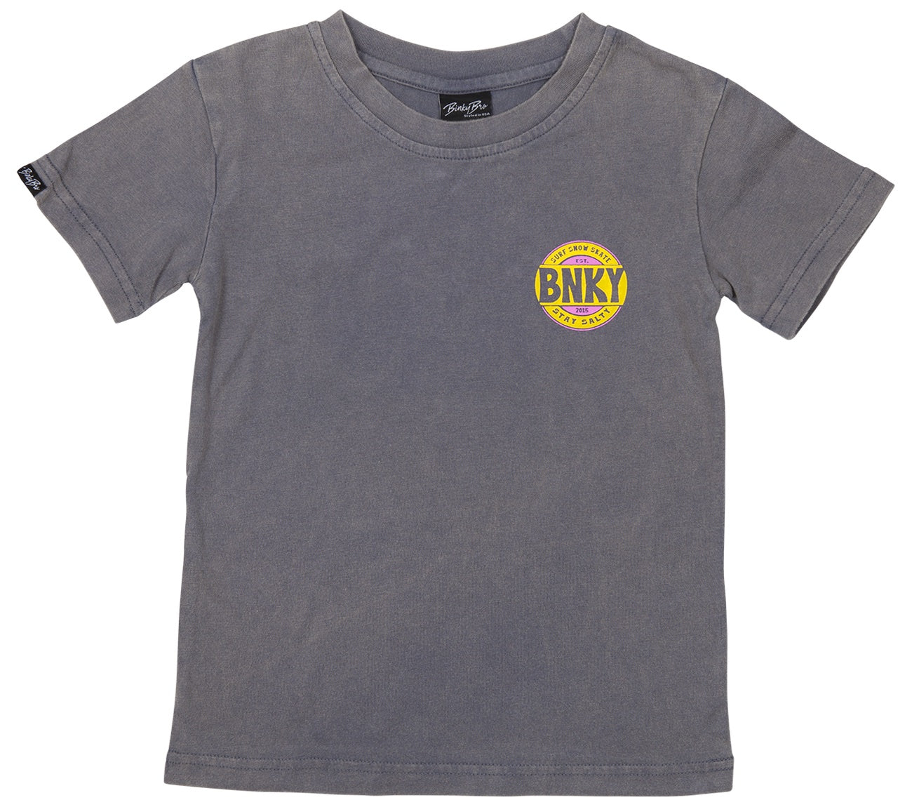 Gray BNKY T-Shirt featuring a yellow circular logo on the front, designed for infants and toddlers. Stylish and comfortable.