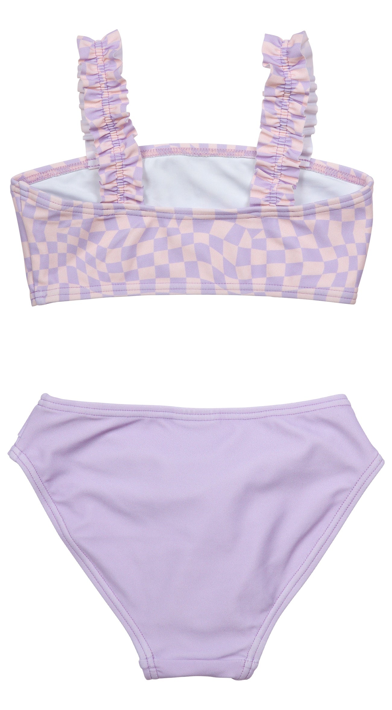 Two-piece swimsuit featuring a checkered pattern top with ruffled straps and solid lavender bottoms, perfect for stylish summer fun.