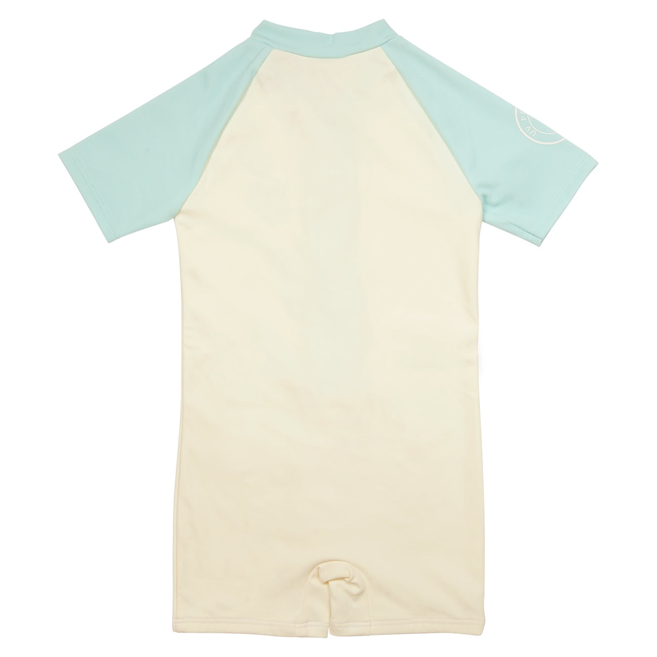 Mojave Blue short pool rash guard featuring a light cream body with mint green sleeves, designed for active kids.