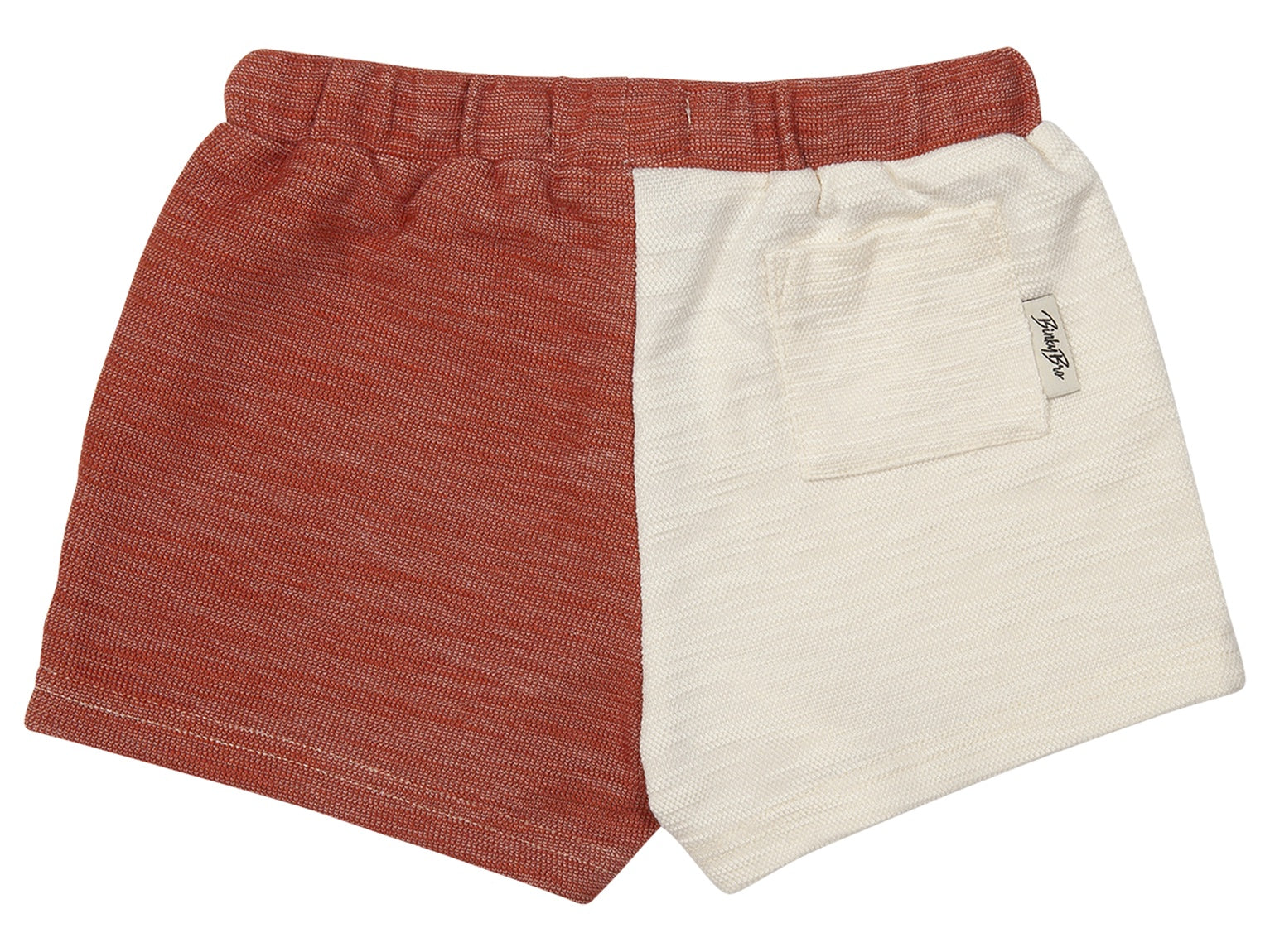 Stylish Bodee Burnt shorts featuring a burnt orange and cream color block design, perfect for kids' casual wear.