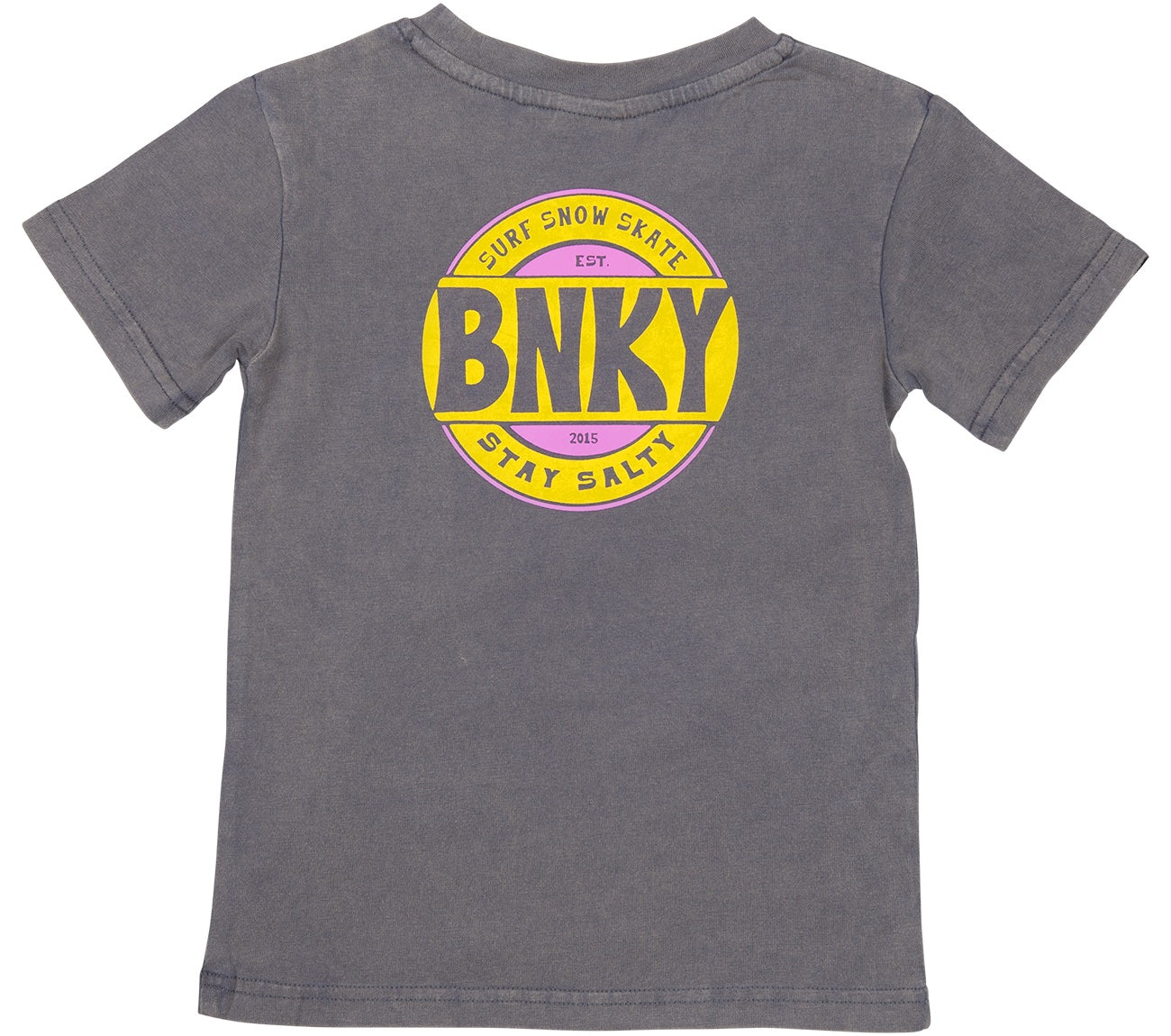 Gray BNKY T-shirt featuring a colorful circular logo on the back, promoting a surf-snow-skate lifestyle for kids.