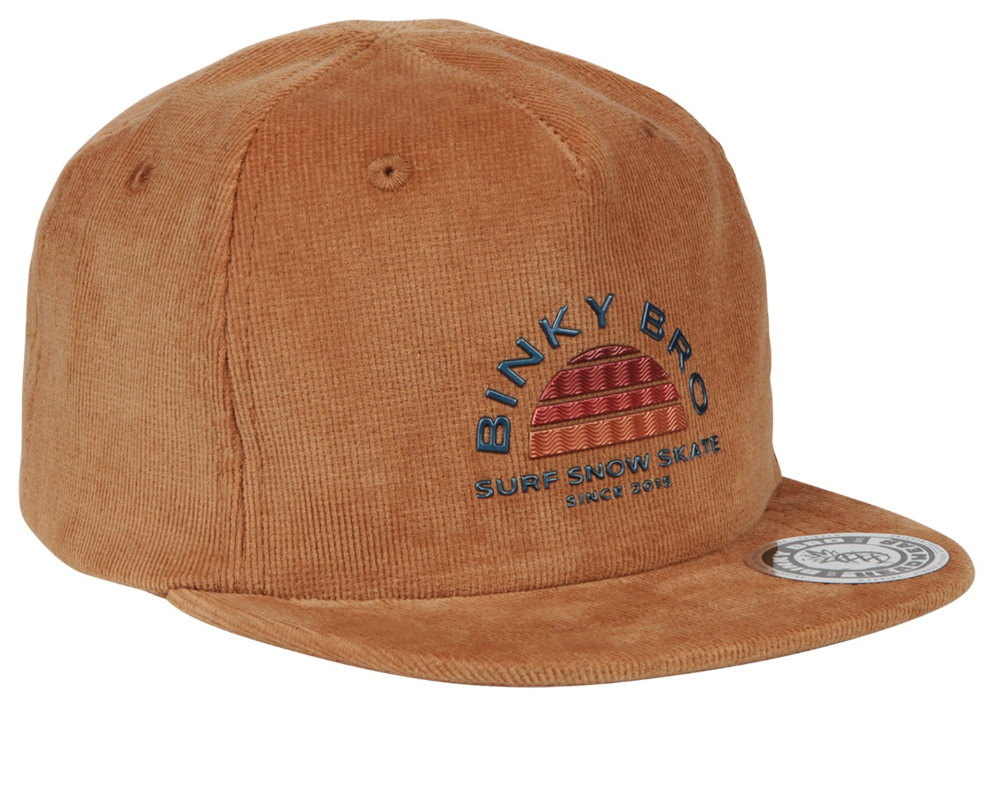 Tan corduroy snapback hat featuring Binky Bro logo, designed for infants and toddlers with a surf and skate style.