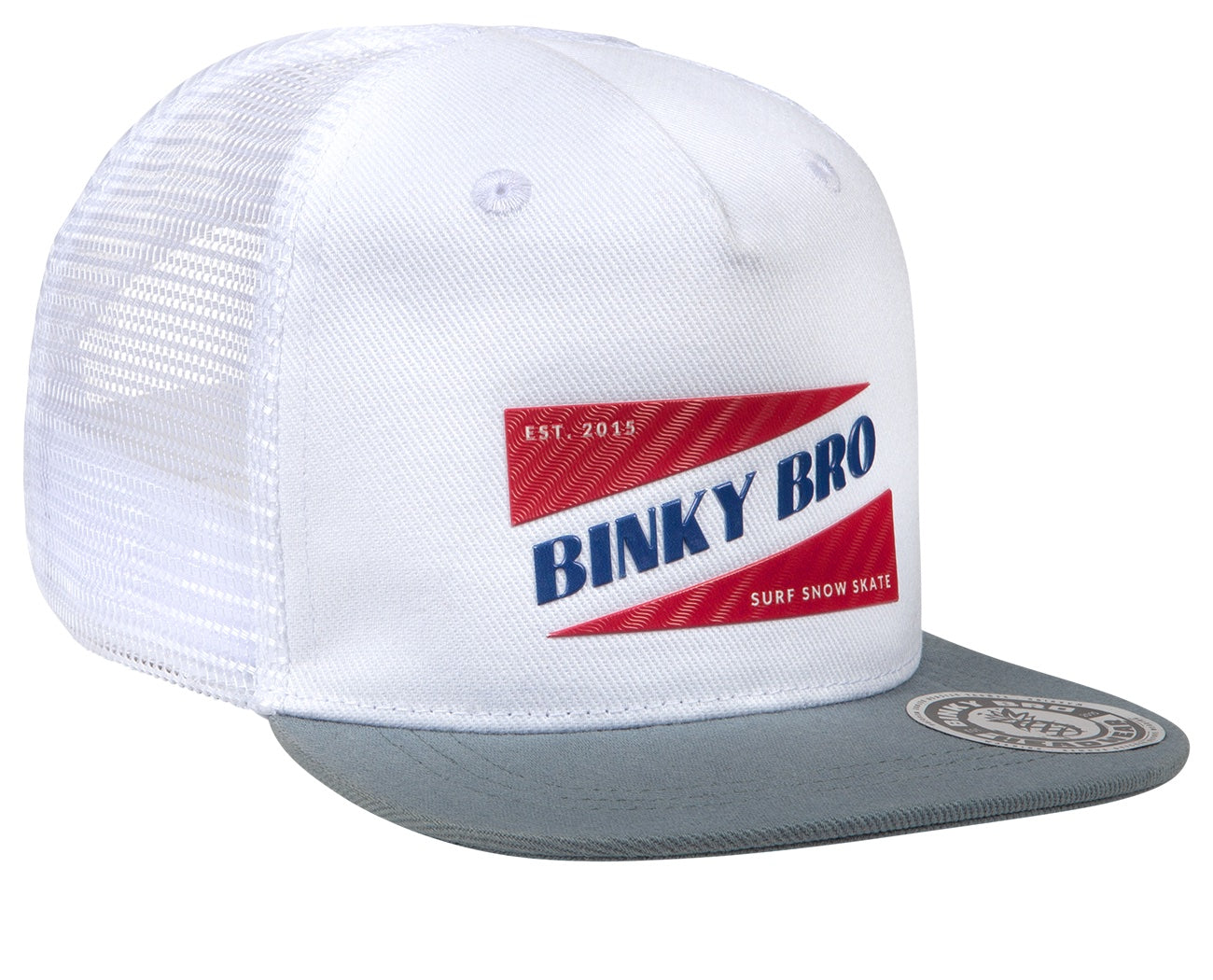 Stylish white snapback hat with a gray brim featuring the Binky Bro logo, designed for infants and toddlers.