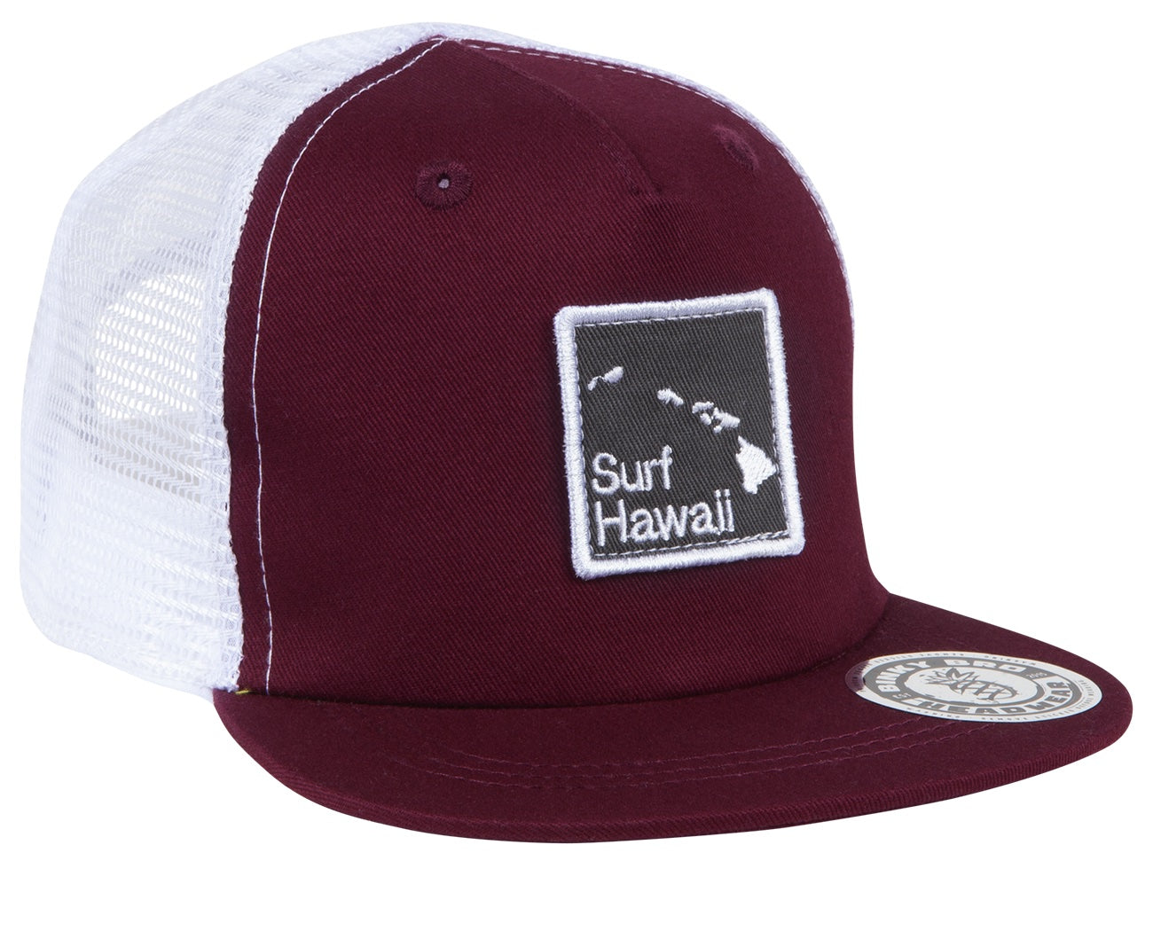 Stylish burgundy snapback hat with a white mesh back and "Surf Hawaii" patch, perfect for kids' surf and skate culture.
