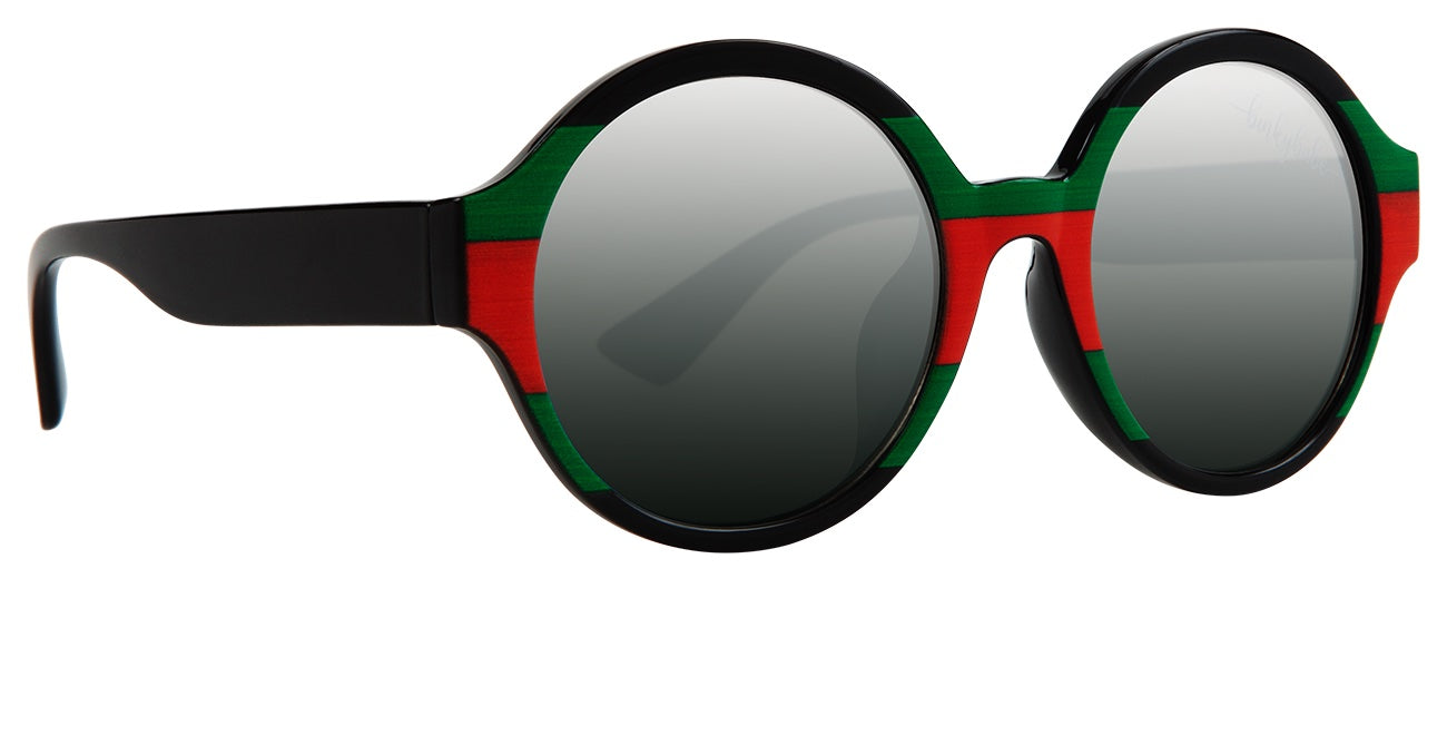 Stylish round sunglasses with black frames and green-red accents, featuring dark tinted lenses for a trendy look.