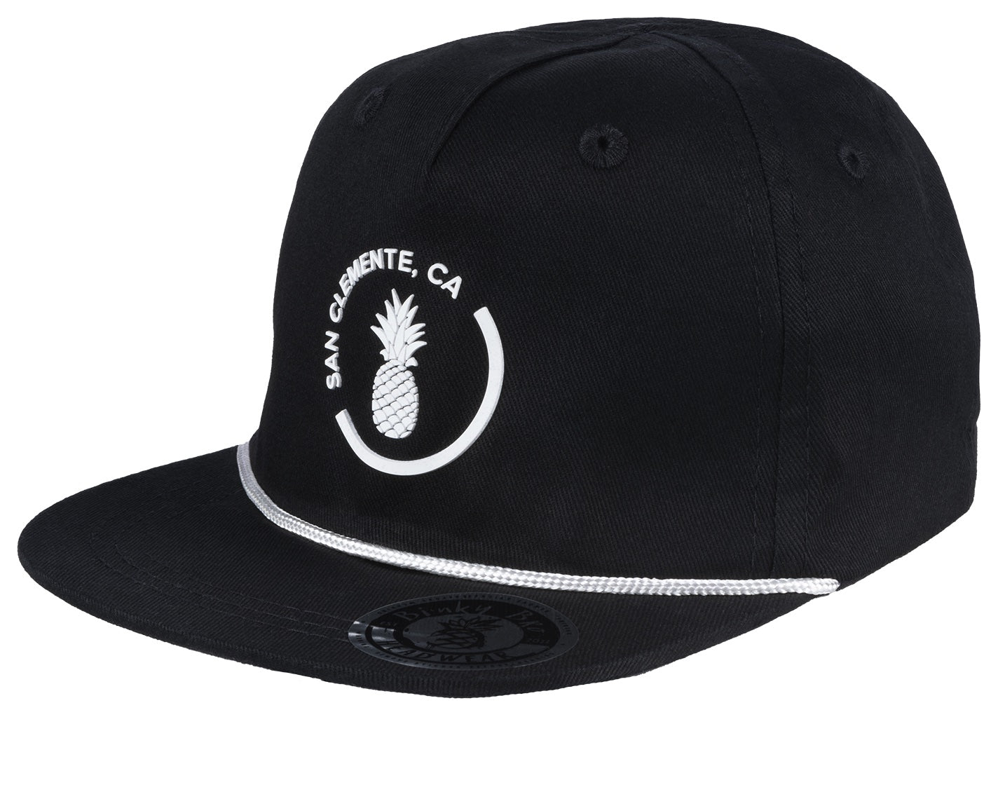 Stylish black snapback hat featuring a white pineapple logo and "San Clemente, CA" text, perfect for kids' surf lifestyle.
