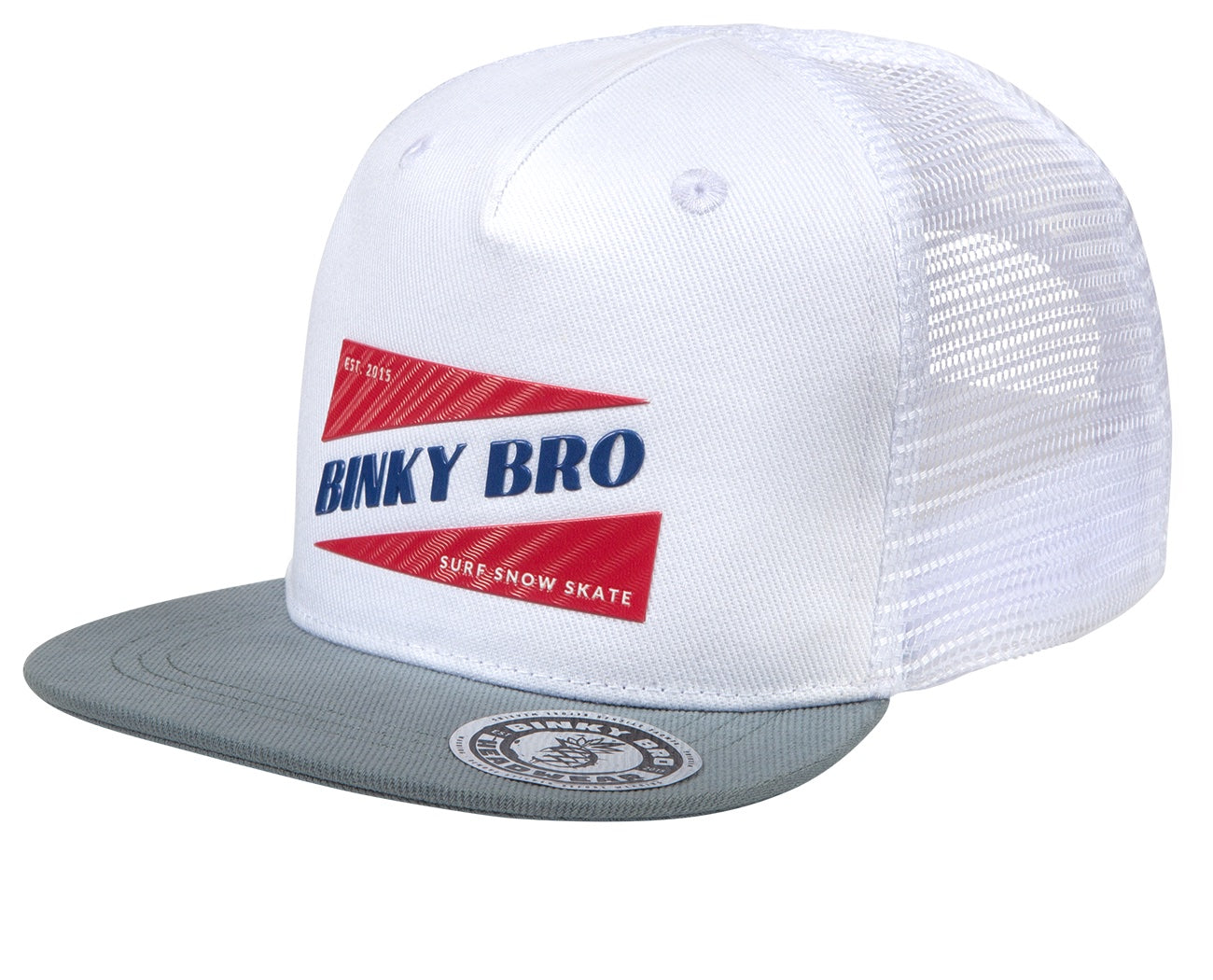 Stylish Binky Bro G-Land snapback hat with a white front, gray brim, and mesh back, perfect for kids' surf-snow-skate lifestyle.