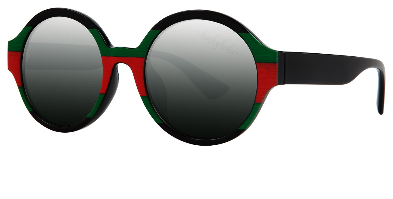 Stylish round sunglasses with black frames and red-green striped detailing, featuring dark lenses for UV protection.