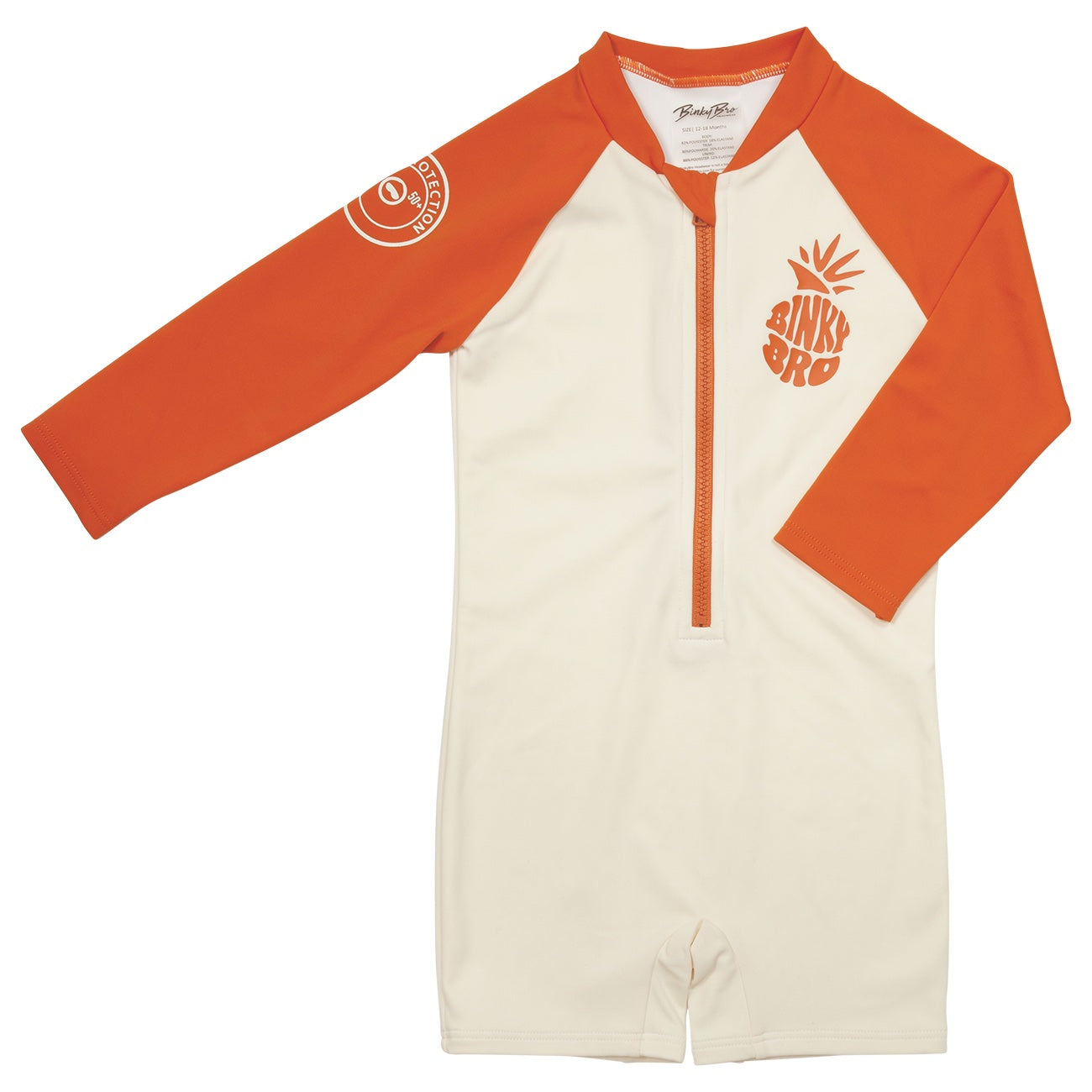 Mojave orange long sleeve pool rash guard with a front zipper and BinkyBro logo, designed for active kids.