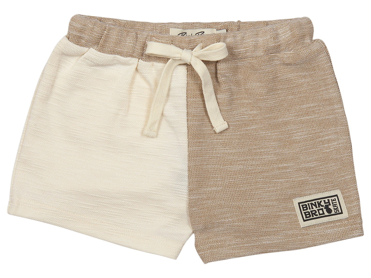 Beige and cream two-tone shorts with an elastic waistband and drawstring, featuring a BinkyBro logo patch.