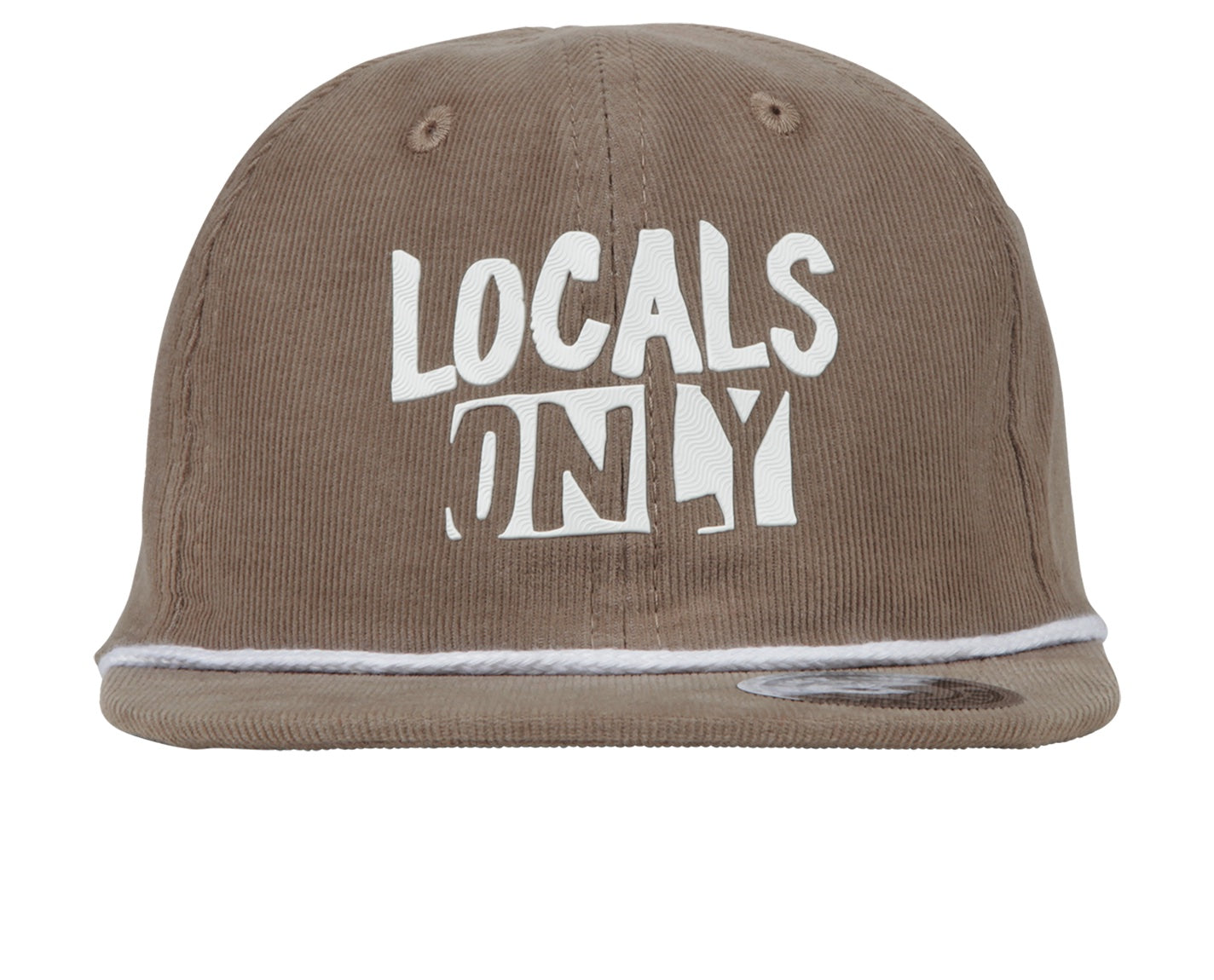 Brown snapback hat featuring bold white "LOCALS ONLY" text and a stylish rope detail along the brim.