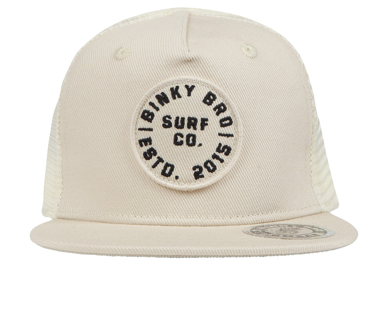 Cream-colored snapback hat featuring a round logo with "Binky Bro Surf Co. Est. 2015" in black lettering.