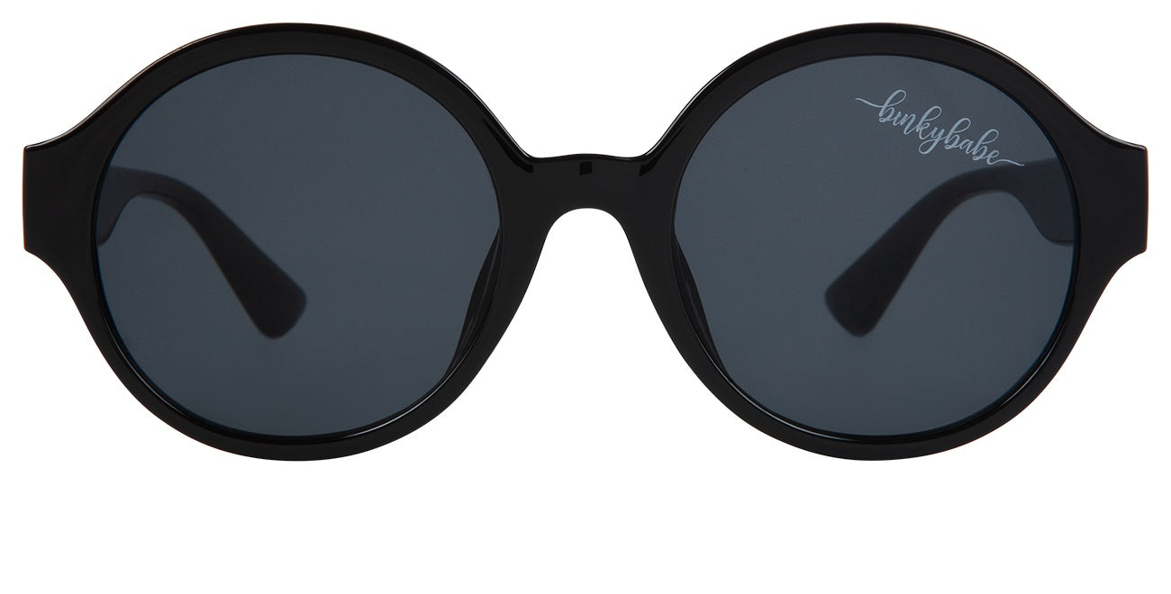 Stylish black round sunglasses with dark lenses, designed for infants and toddlers, perfect for sunny days.