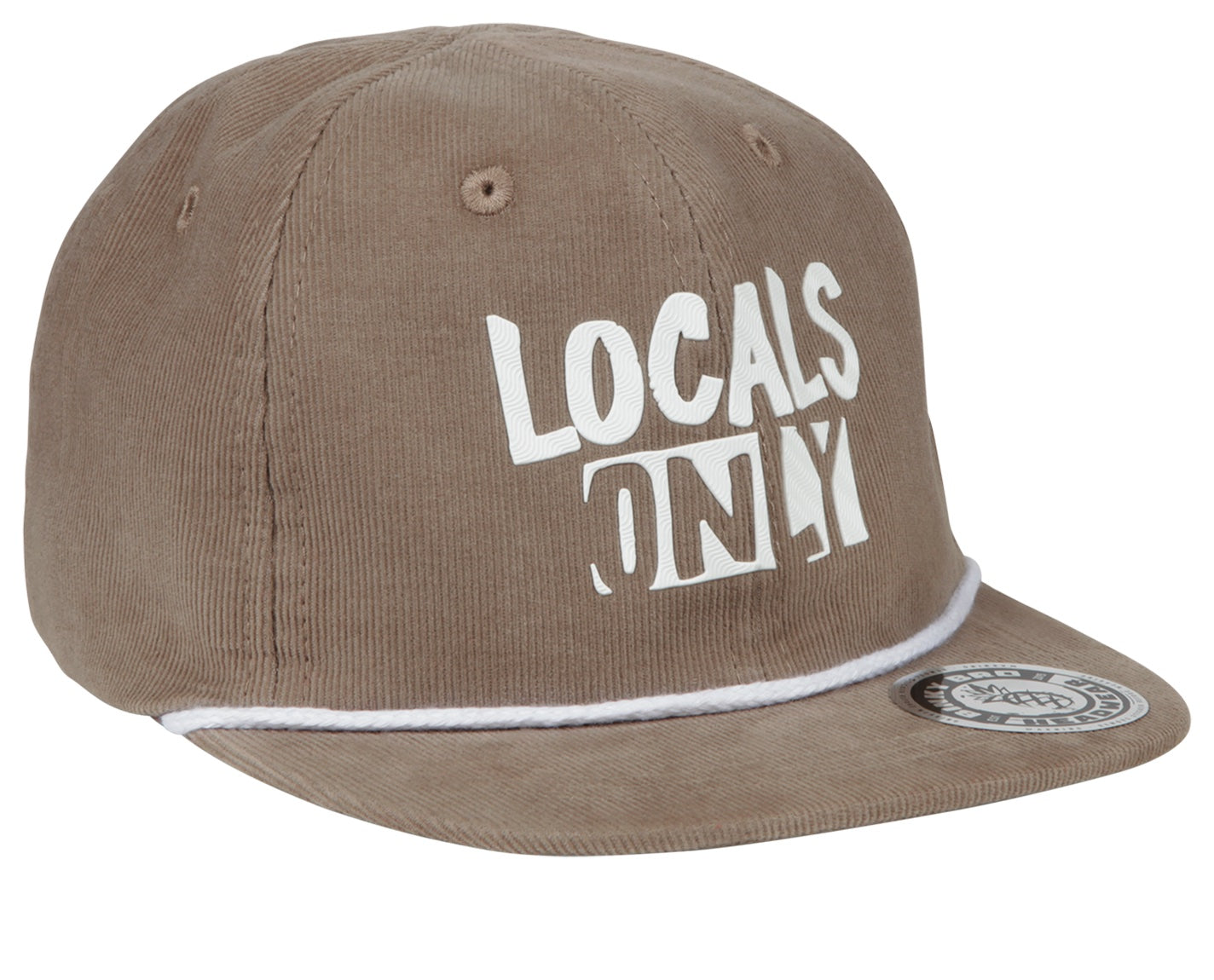 Brown snapback hat featuring bold white "LOCALS ONLY" text, designed for a stylish, laid-back look for kids.