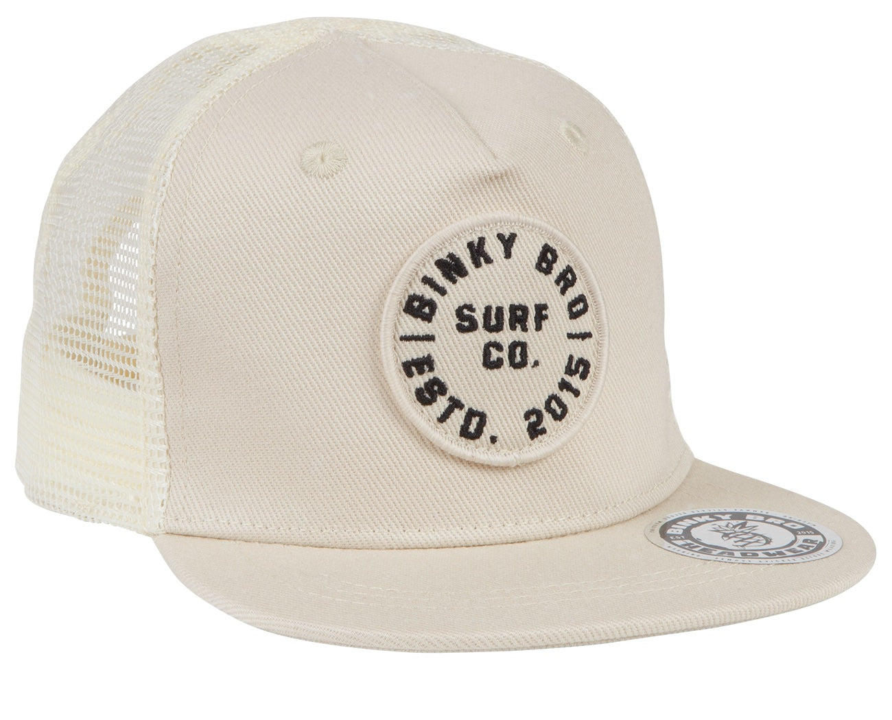 Beige snapback hat with mesh back featuring a circular Binky Bro logo and established date, perfect for kids' surf style.