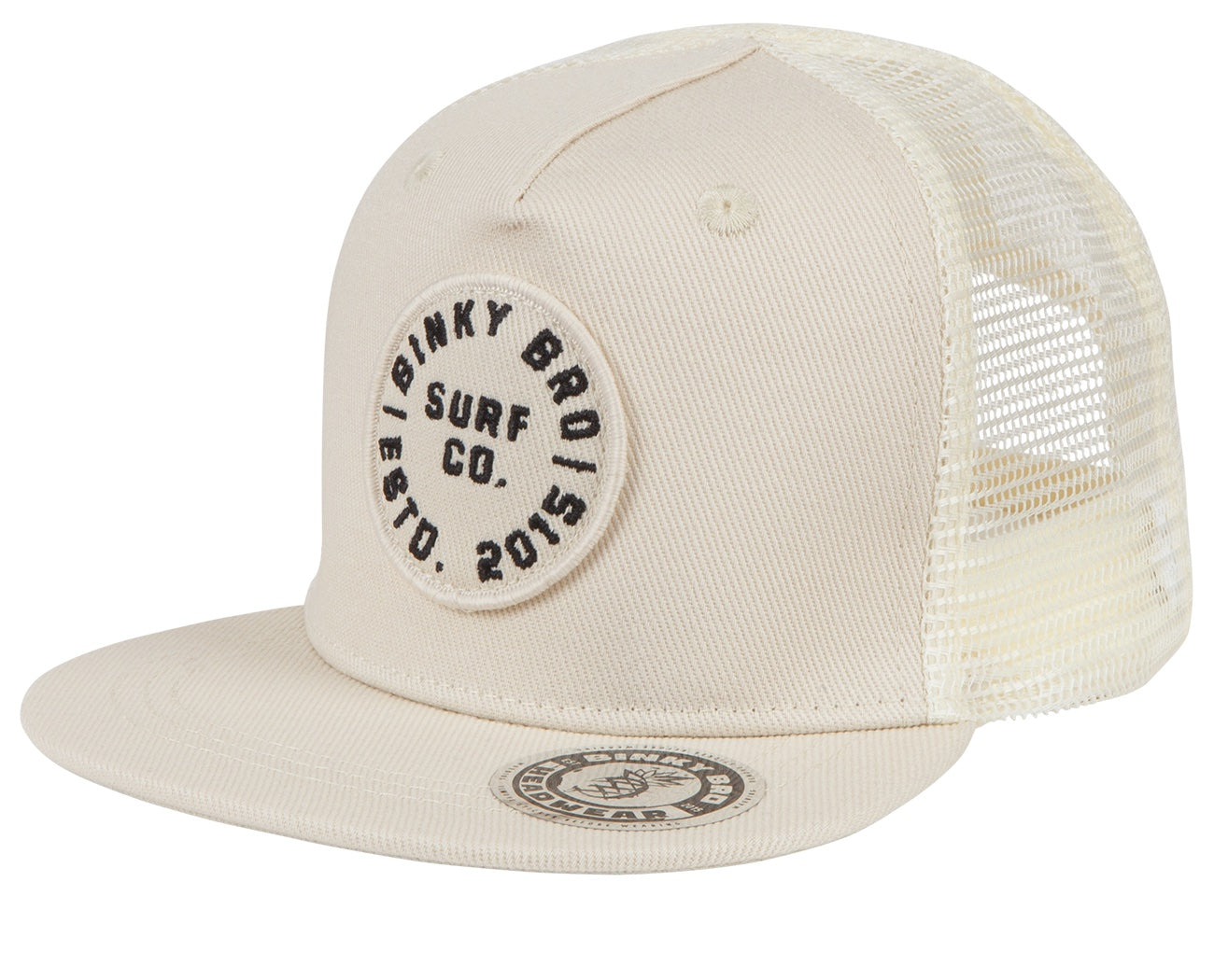 Beige snapback hat with mesh back, featuring a circular logo that reads "Binky Bro Surf Co. Est. 2015." Ideal for kids.