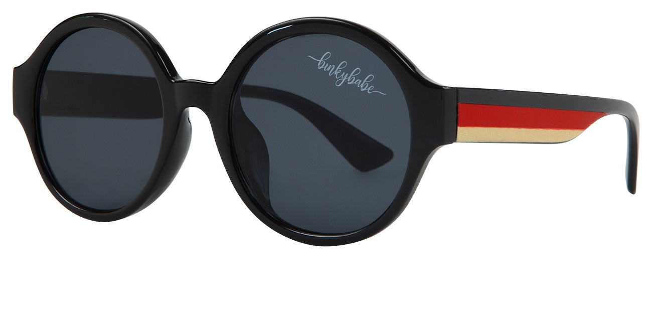 Stylish round sunglasses for kids with black frames and colorful striped accents on the arms, perfect for sunny days.