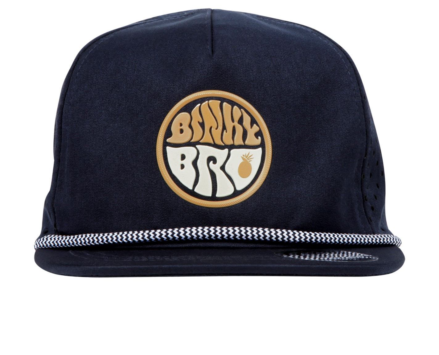 Navy snapback hat featuring a circular BinkyBro logo and a stylish checkered trim, designed for kids' outdoor adventures.