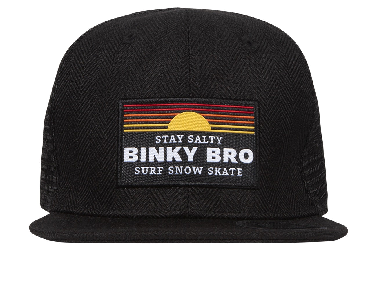 Black snapback hat featuring a colorful "Stay Salty" patch with a sunset design, perfect for kids embracing a surf lifestyle.