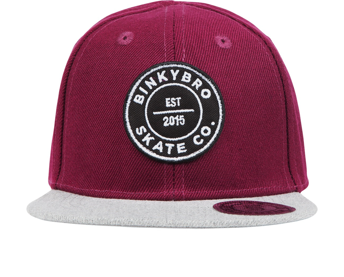 Stylish maroon snapback hat with a gray brim and BinkyBro Skate Co. logo, perfect for kids and youth.