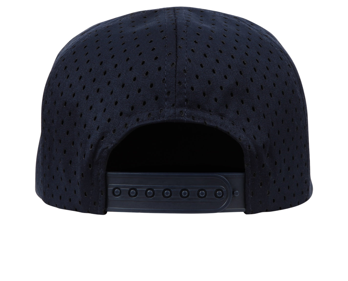 Back view of the El Capitan snapback hat featuring a navy perforated design and adjustable strap for a comfortable fit.