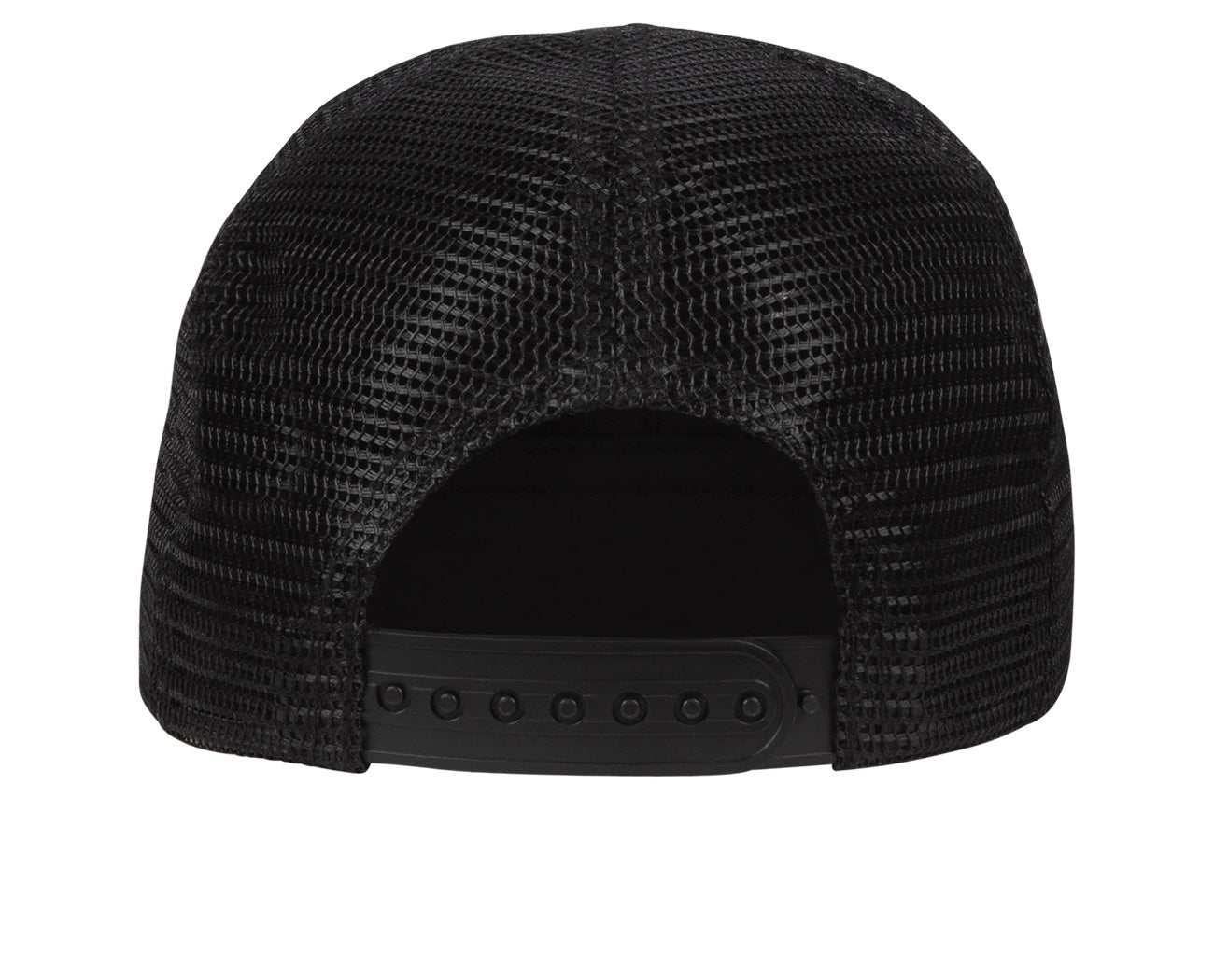 Back view of a black mesh snapback hat with an adjustable strap, designed for a stylish surf-snow-skate lifestyle.