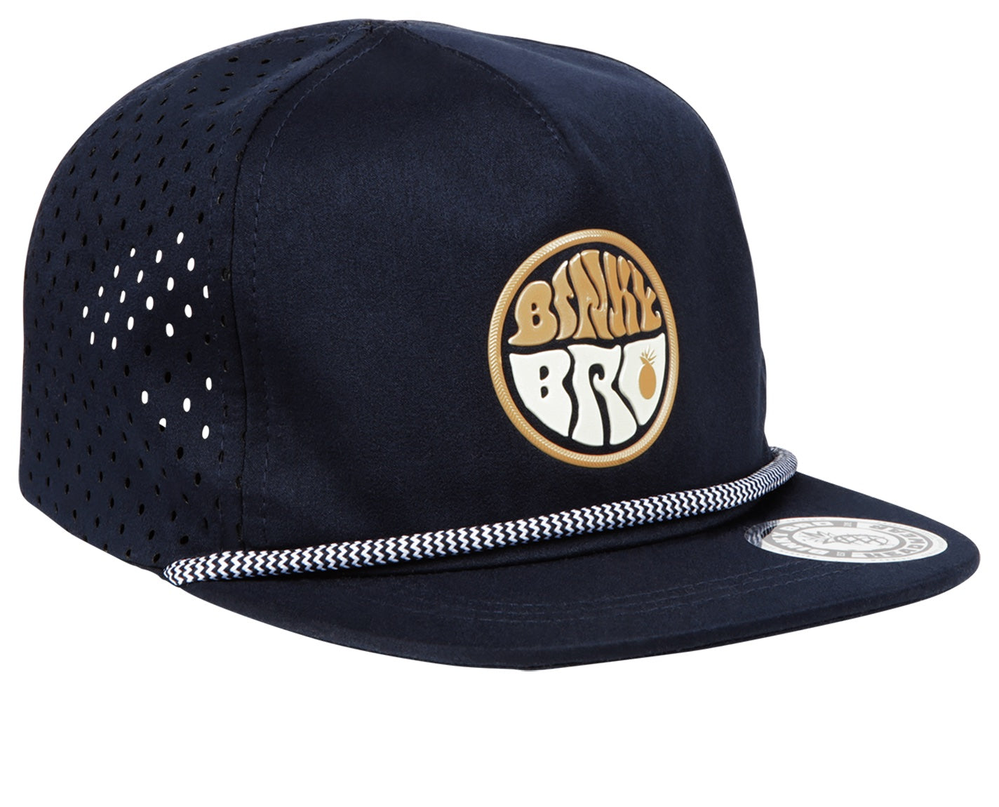 Navy snapback hat with a circular logo featuring the brand name, designed for kids with a stylish surf-snow-skate vibe.