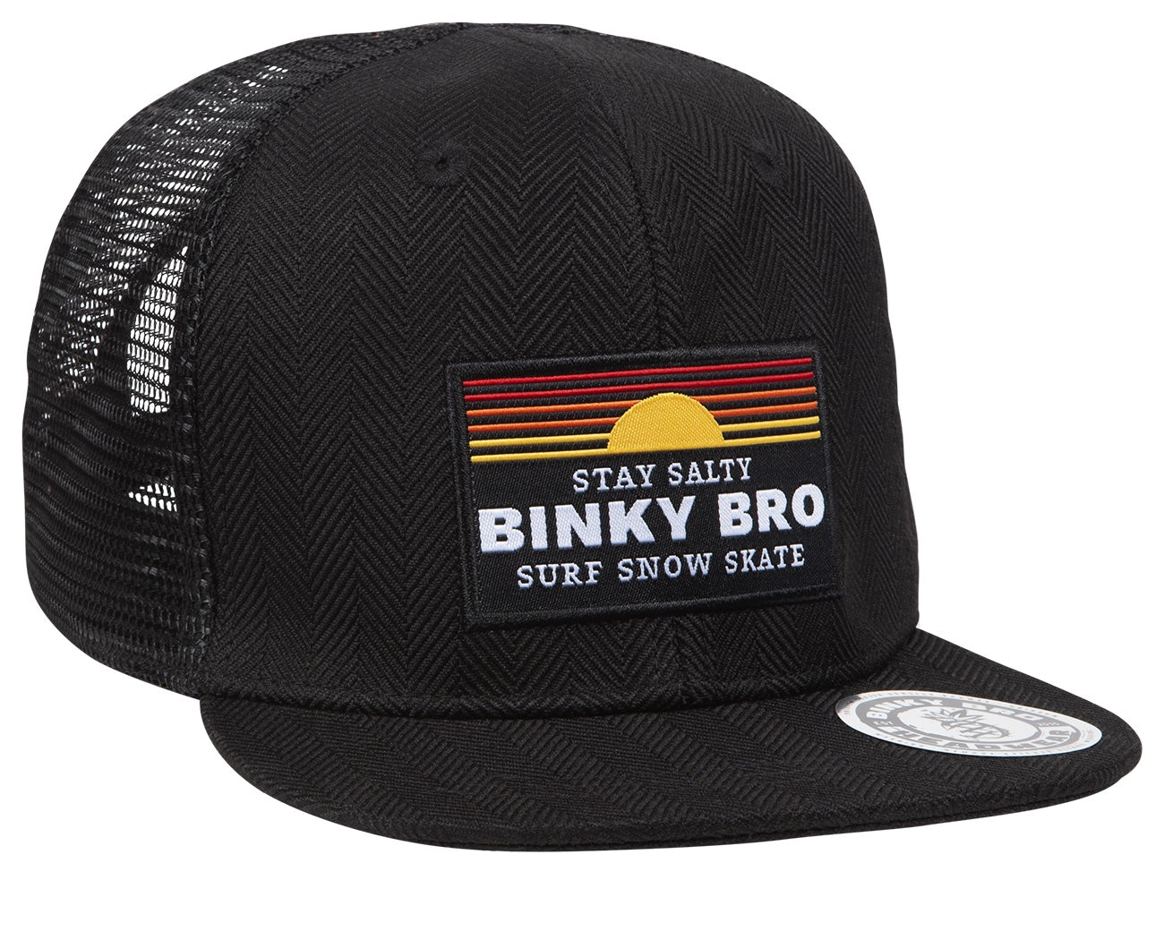 Black snapback hat featuring a colorful retro patch with "Stay Salty Binky Bro" and a sun design, perfect for kids.