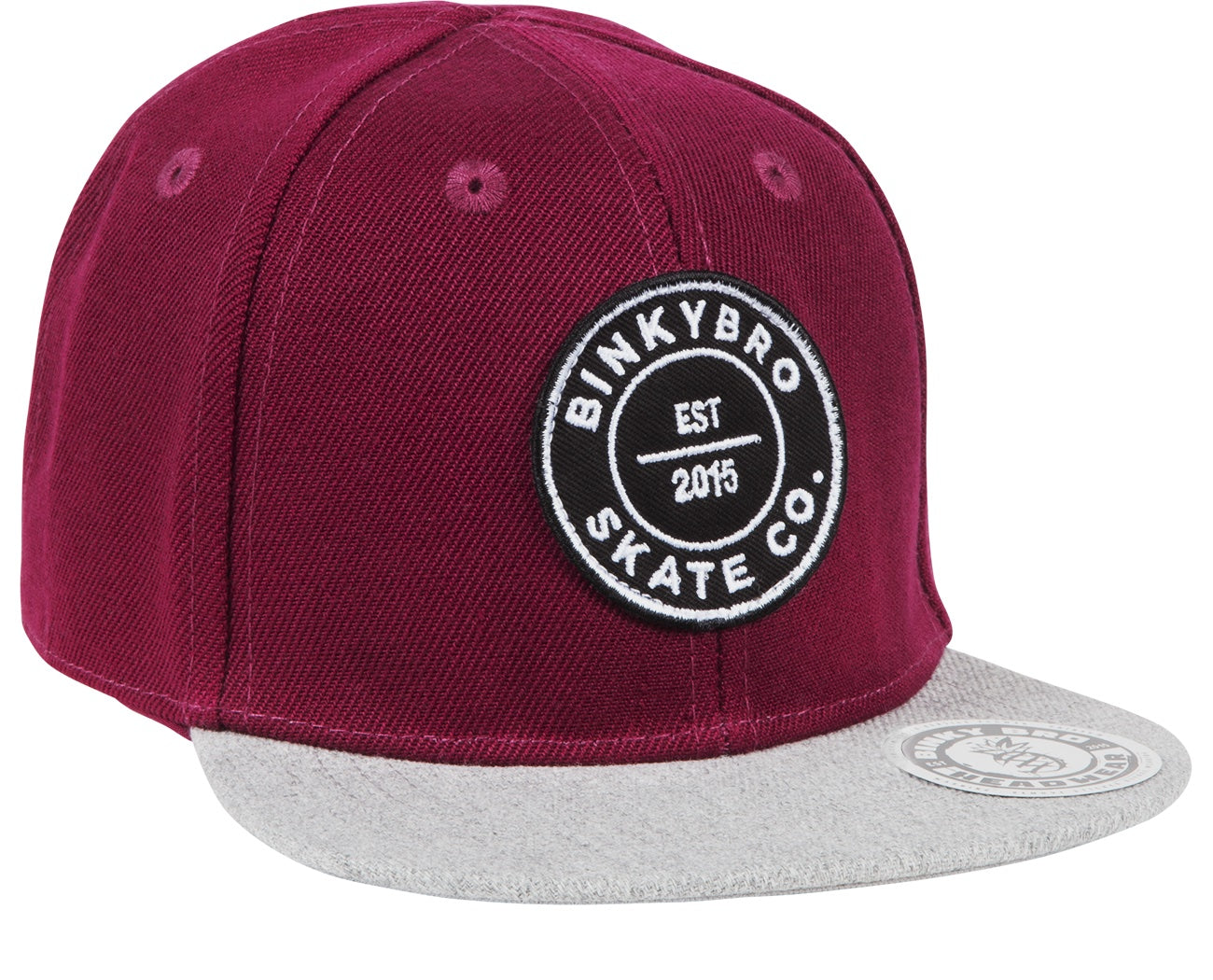 Stylish maroon snapback cap with a gray brim and a circular logo patch featuring BinkyBro Skate Co. established in 2015.