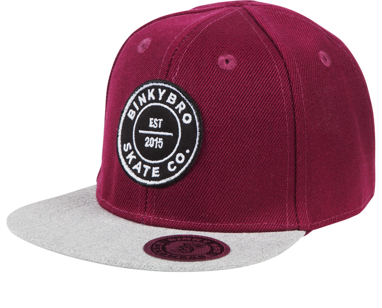 Stylish maroon snapback cap with a gray brim and BinkyBro Skate Co logo, designed for infants and toddlers.